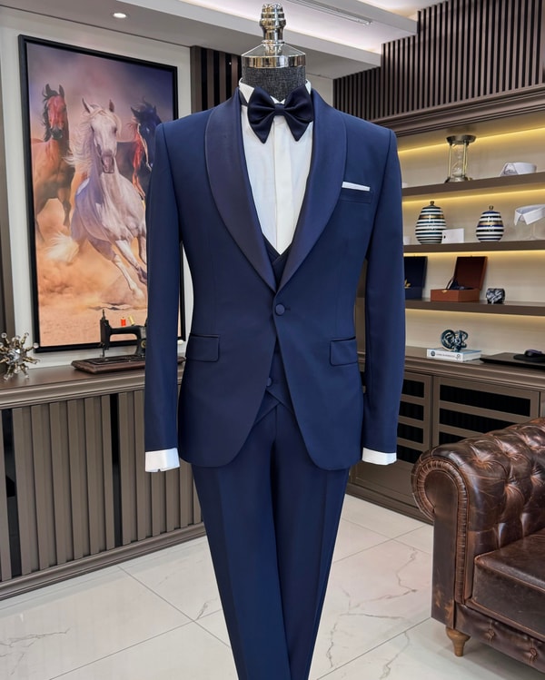 İtalyan stil slim fit şal yaka ceket yelek pantolon damatlık set lacivert T11612