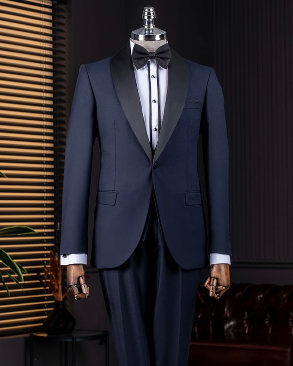 İtalyan stil slim fit şal yaka ceket yelek pantolon damatlık set lacivert T14260