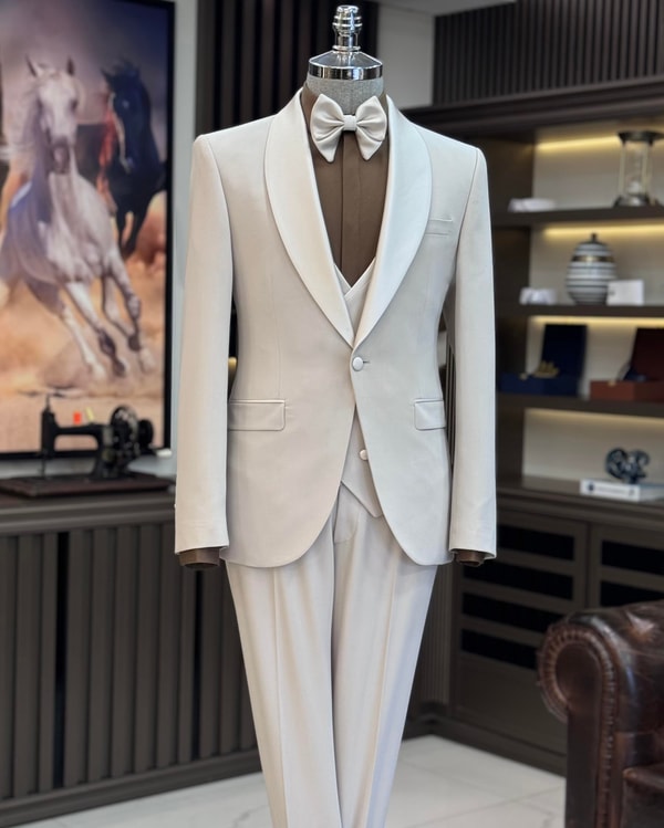 İtalyan stil slim fit şal yaka ceket yelek pantolon damatlık set bej T11610