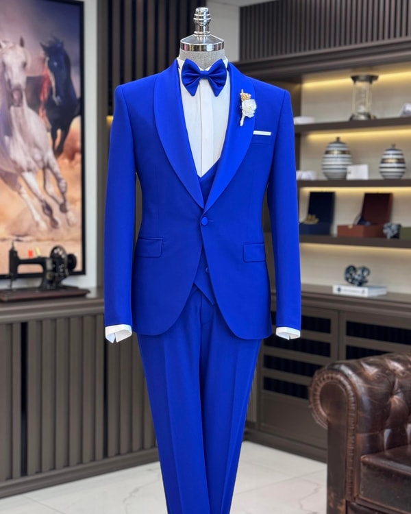 İtalyan stil slim fit şal yaka ceket yelek pantolon damatlık set saks T11615