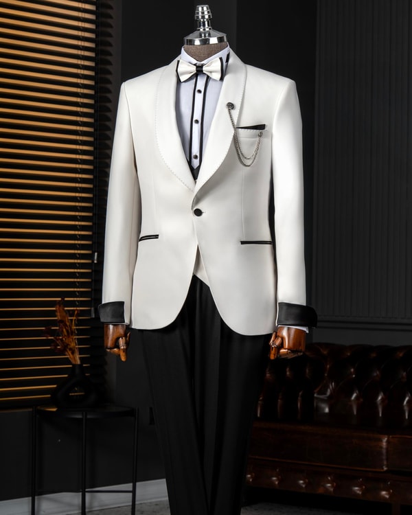 İtalyan stil slim fit şal yaka ceket yelek pantolon damatlık set ekru T14252