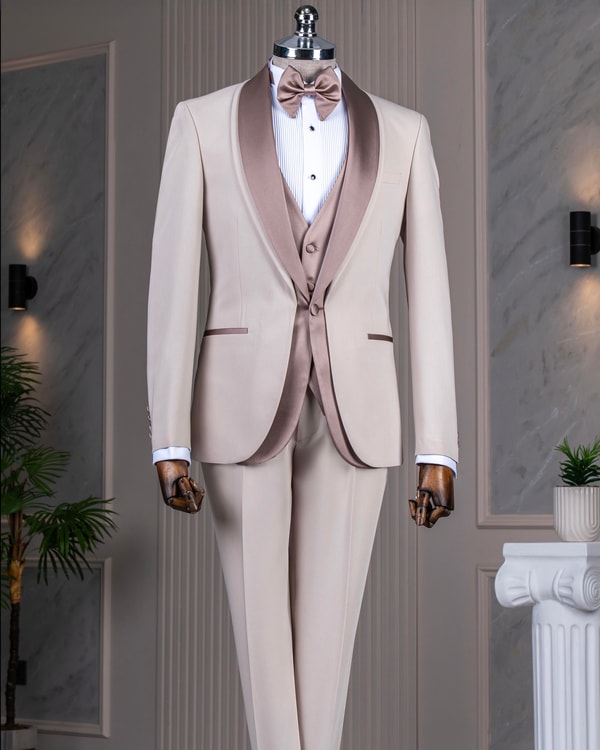İtalyan stil slim fit şal yaka ceket yelek pantolon damatlık set bej T13690