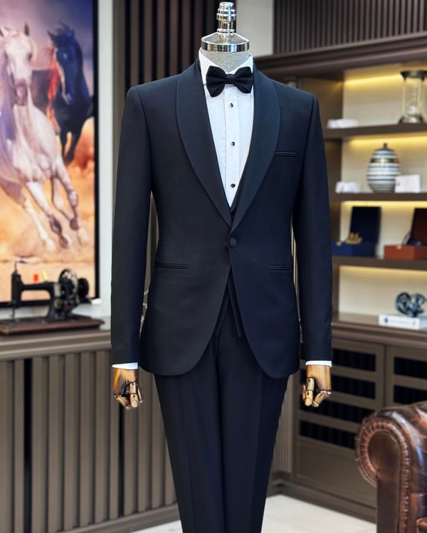 İtalyan stil slim fit şal yaka ceket yelek pantolon damatlık set siyah T11622