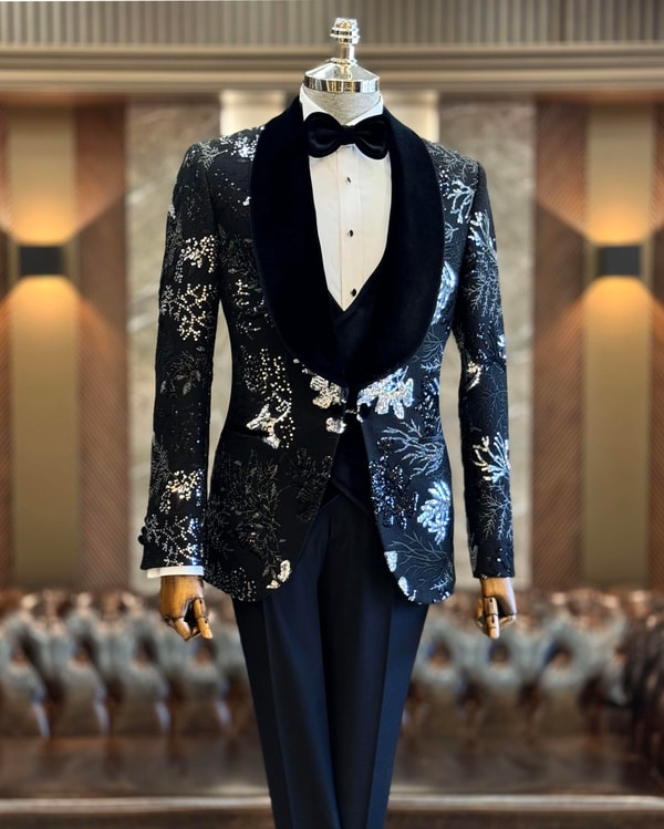 İtalyan stil slim fit şal yaka ceket yelek pantolon damatlık set siyah T12570