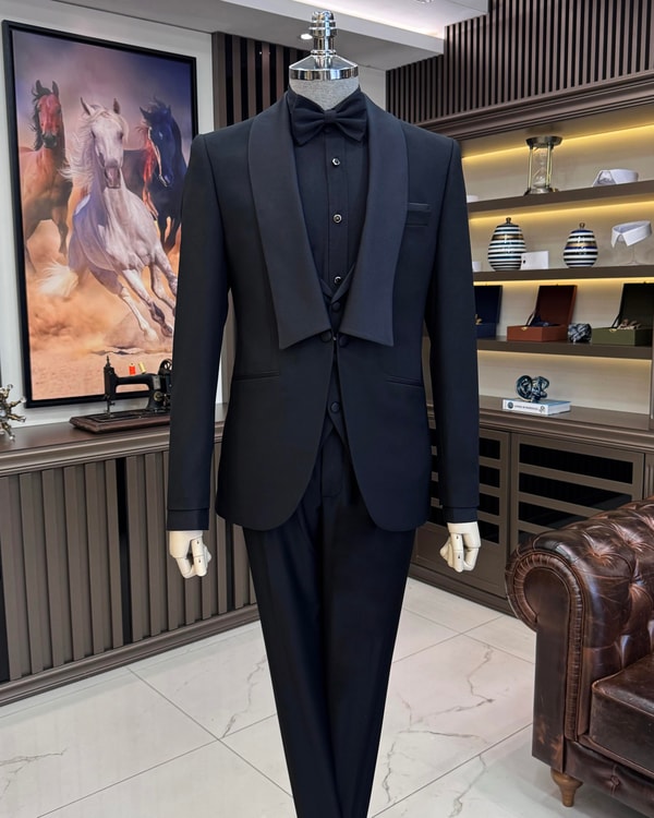 İtalyan stil slim fit şal yaka ceket yelek pantolon damatlık set siyah T11619