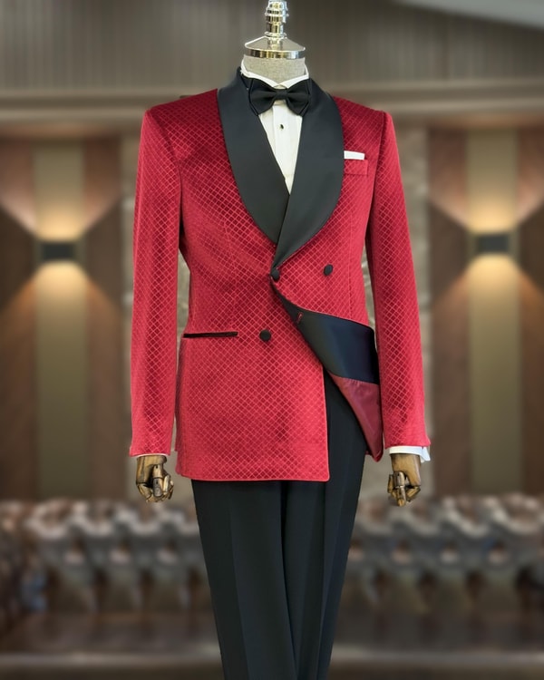 İtalyan stil slim fit şal yaka kadife kruvaze ceket pantolon damatlık set kırmızı T11785