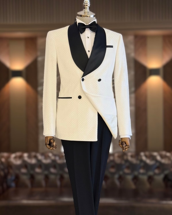 İtalyan stil slim fit şal yaka kadife kruvaze ceket pantolon damatlık set beyaz T11788