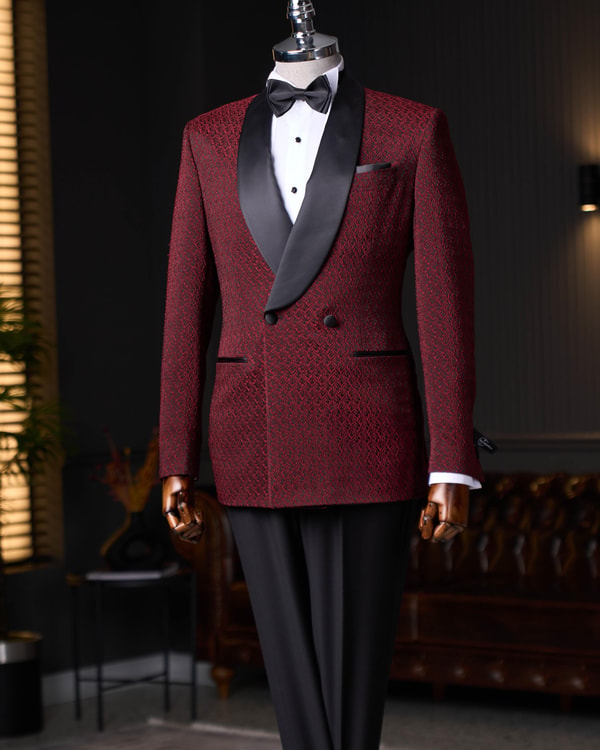 İtalyan stil slim fit şal yaka kruvaze ceket pantolon damatlık set bordo T12031