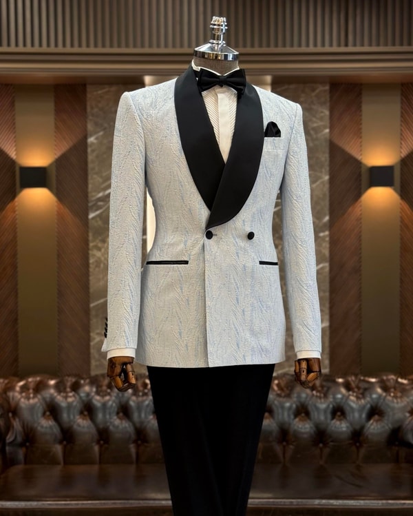 İtalyan stil slim fit şal yaka kruvaze ceket pantolon damatlık set mavi T12027