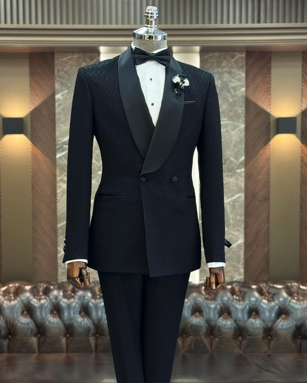 İtalyan stil slim fit şal yaka kruvaze ceket pantolon damatlık set siyah T12030