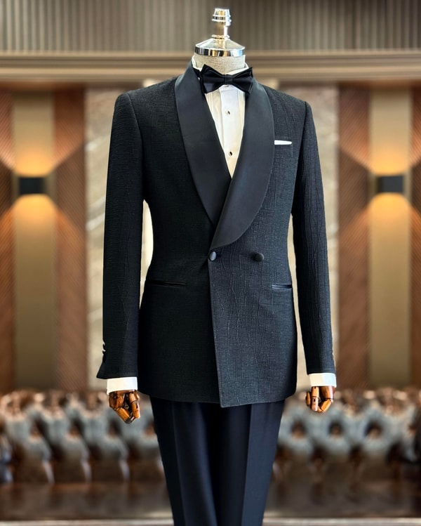 İtalyan stil slim fit şal yaka kruvaze ceket pantolon damatlık set siyah T12029