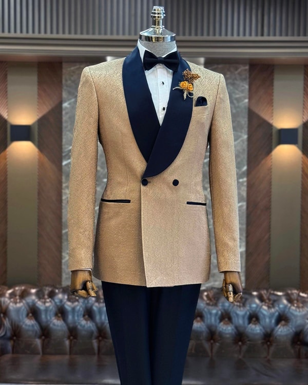 İtalyan stil slim fit şal yaka kruvaze ceket pantolon damatlık set vizon T12025