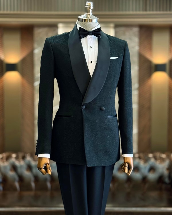 İtalyan stil slim fit şal yaka kruvaze ceket pantolon damatlık set siyah T12024