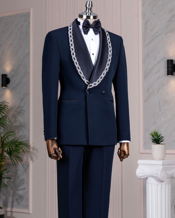 İtalyan stil slim fit şal yaka taşlı ceket pantolon damatlık set lacivert T14549