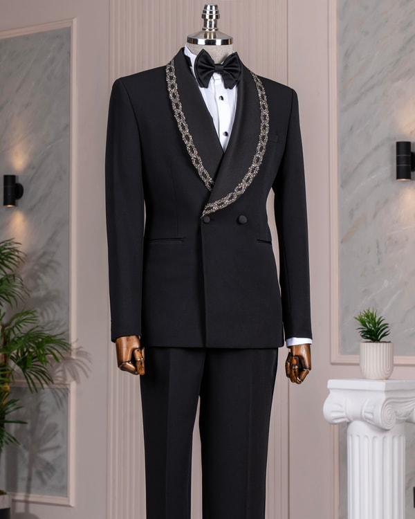 İtalyan stil slim fit şal yaka taşlı ceket pantolon damatlık set siyah T14548