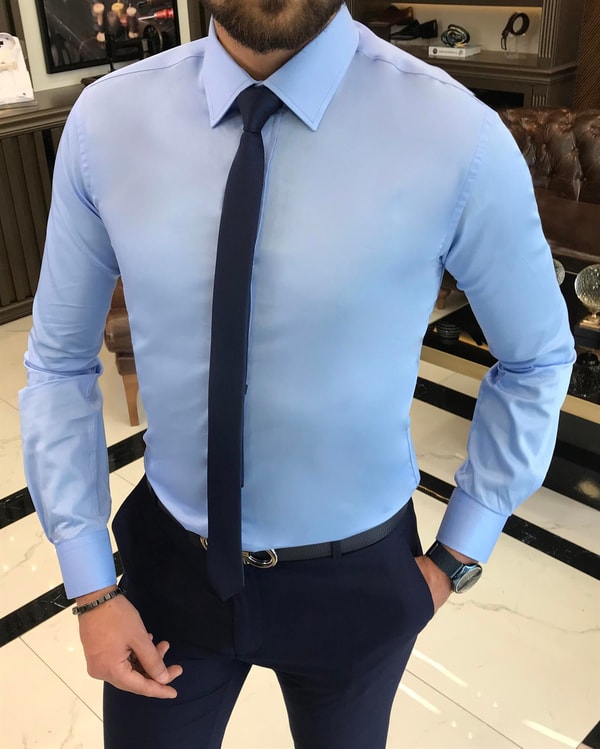 İtalyan stil slim fit saten pamuk erkek kravat yaka gömlek mavi T9421