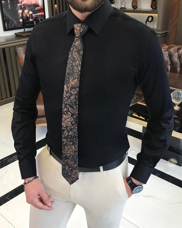İtalyan stil slim fit saten pamuk erkek kravat yaka gömlek siyah T9422