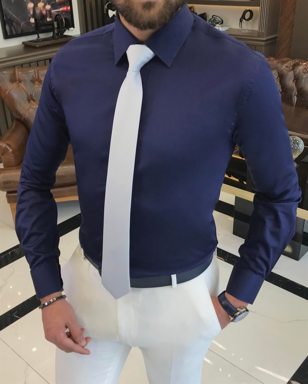 İtalyan stil slim fit saten pamuk erkek kravat yaka gömlek parlement  T9425