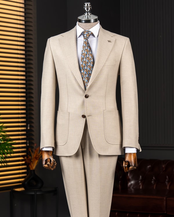 İtalyan stil slim fit sivri yaka ceket pantolon takım elbise bej T14910