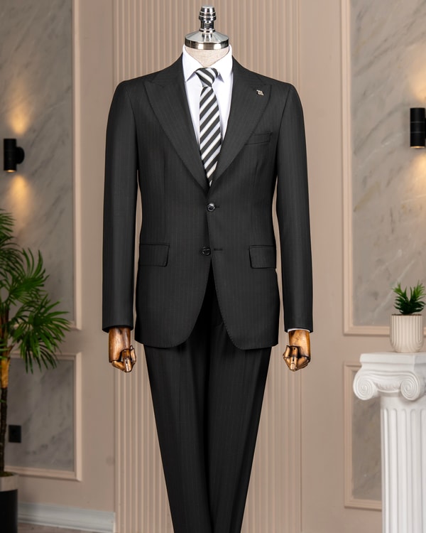 İtalyan stil slim fit sivri yaka ceket pantolon takım elbise siyah T14758