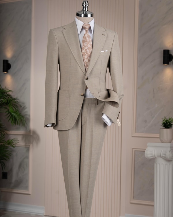 İtalyan stil slim fit sivri yaka ceket pantolon takım elbise bej T14745