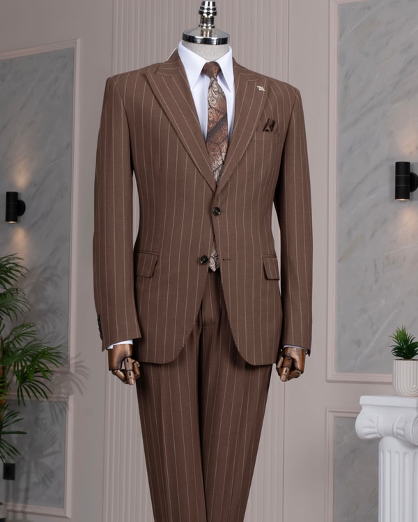 İtalyan stil slim fit sivri yaka ceket pantolon takım elbise kahverengi T14258