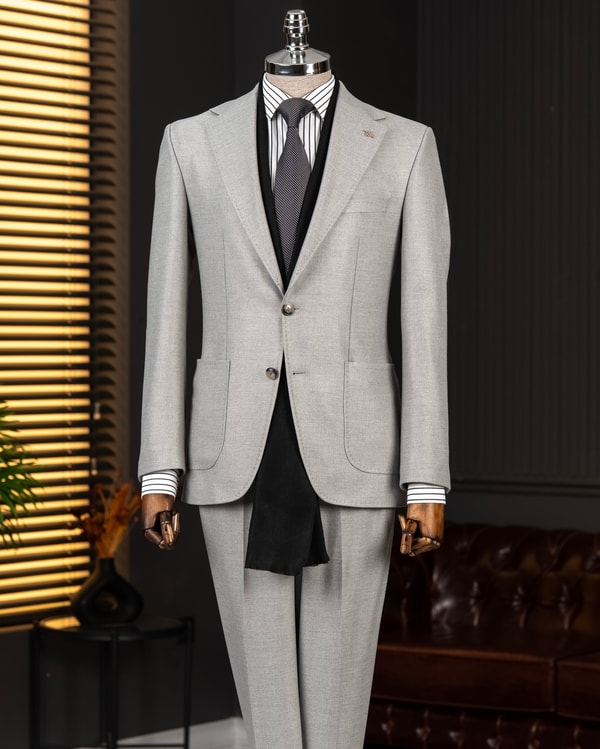 İtalyan stil slim fit sivri yaka ceket pantolon takım elbise gri T14911