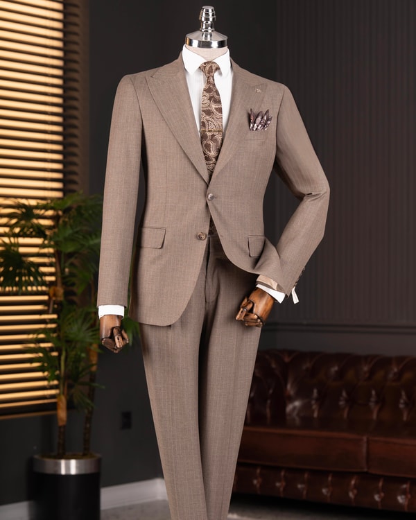 İtalyan stil slim fit sivri yaka ceket pantolon takım elbise vizon T14755