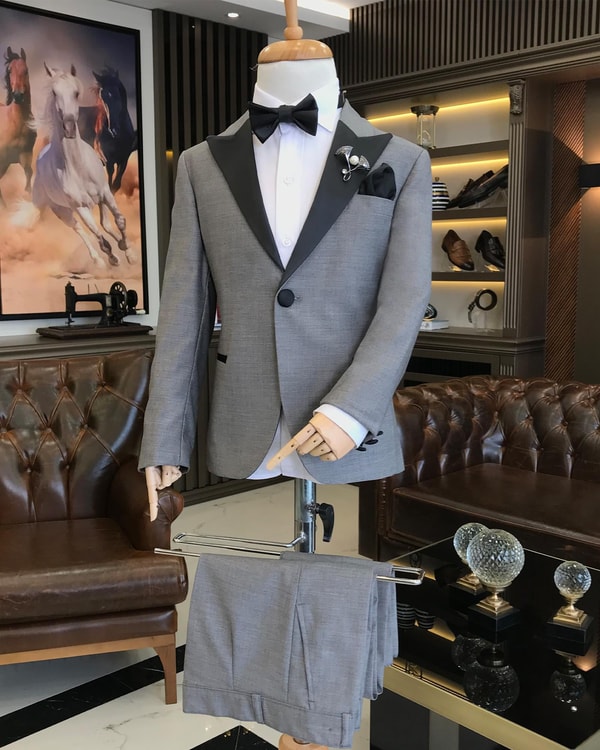 İtalyan stil slim fit sivri yaka ceket pantolon çocuk smokin set Gri T8844