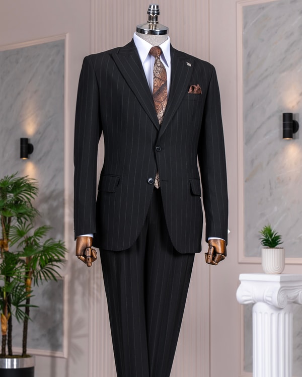 İtalyan stil slim fit sivri yaka ceket pantolon takım elbise siyah T14253
