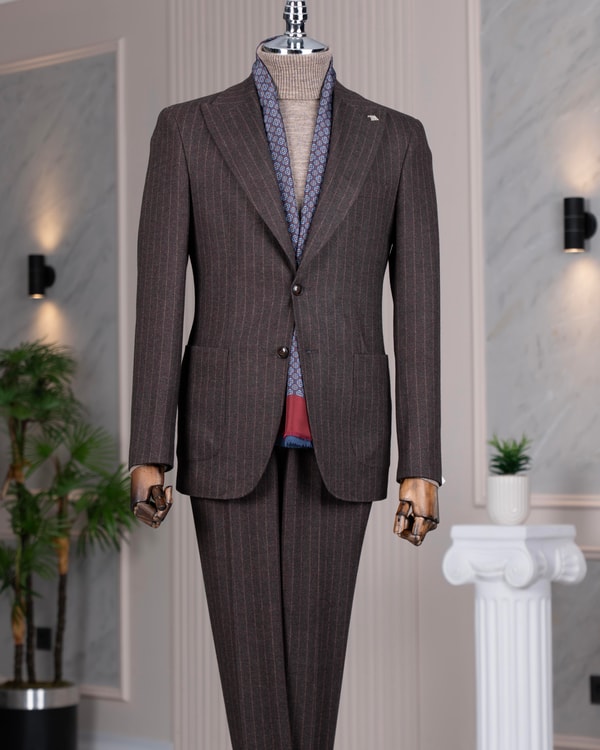 İtalyan stil slim fit sivri yaka ceket pantolon takım elbise kahverengi T14766