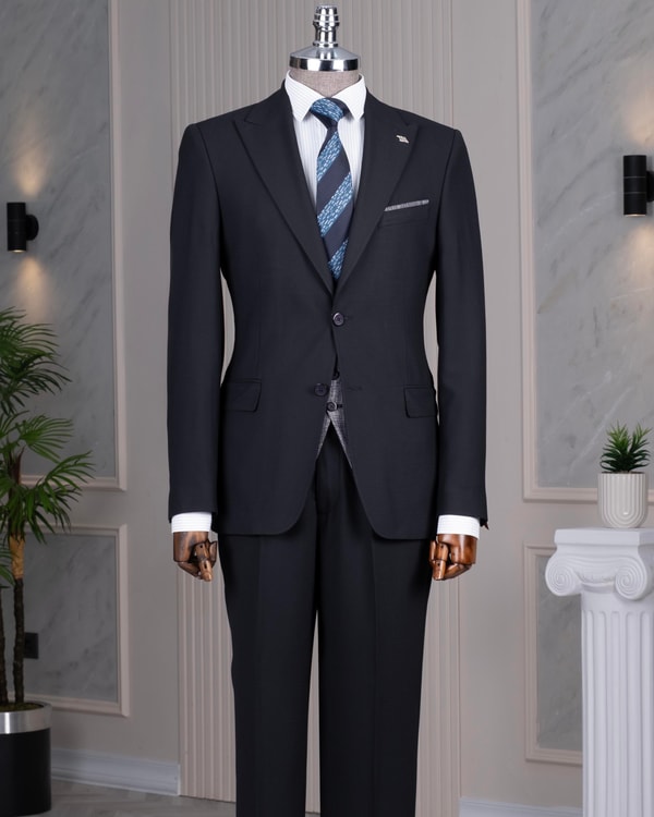 İtalyan stil slim fit sivri yaka ceket pantolon takım elbise lacivert T14288