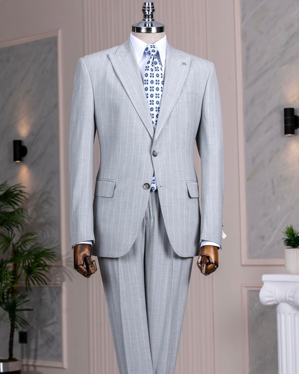 İtalyan stil slim fit sivri yaka ceket pantolon takım elbise gri T14256