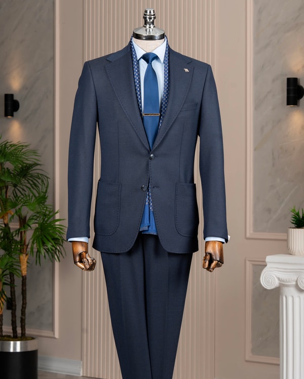 İtalyan stil slim fit sivri yaka ceket pantolon takım elbise lacivert T14909