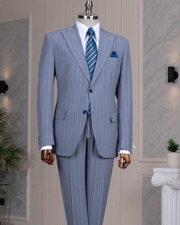 İtalyan stil slim fit sivri yaka ceket pantolon takım elbise indigoT14257