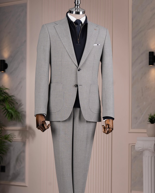 İtalyan stil slim fit sivri yaka ceket yelek pantolon takım elbise gri T14741