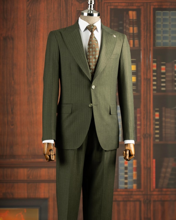 İtalyan stil slim fit sivri yaka ceket pantolon takım elbise yeşil T14756