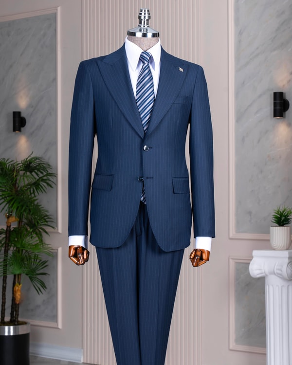 İtalyan stil slim fit sivri yaka ceket pantolon takım elbise lacivert T14757