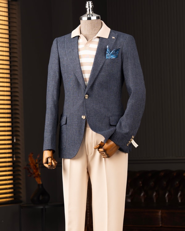 İtalyan stil slim fit sivri yaka erkek tek ceket lacivert T13931