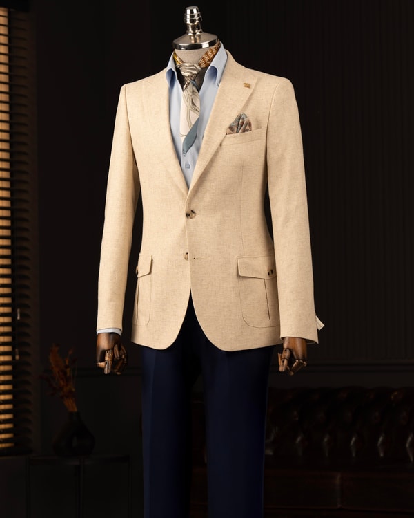 İtalyan stil slim fit sivri yaka erkek tek ceket bej T13932