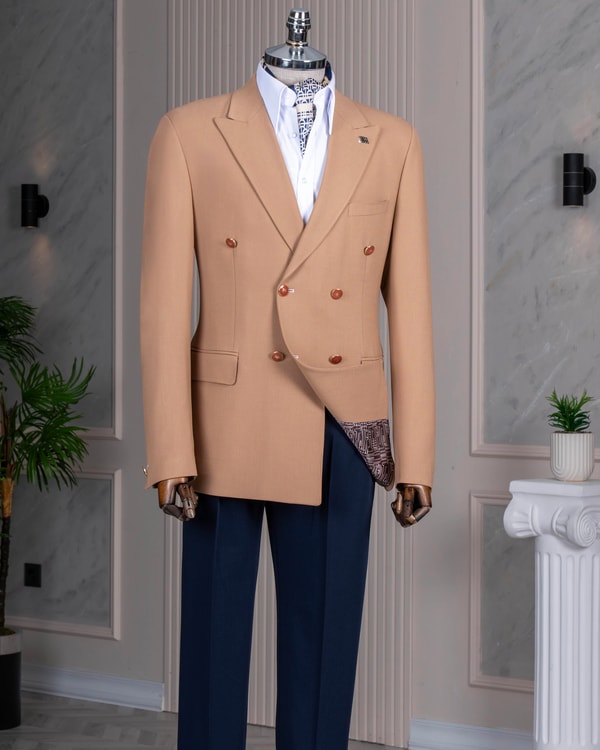 İtalyan stil slim fit sivri yaka kruvaze erkek ceket camel T12438