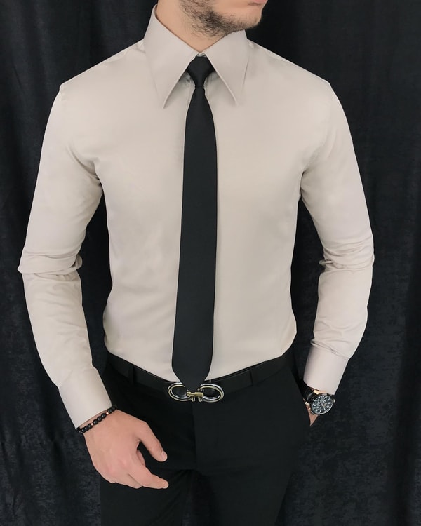 italyan stil slim fit sivri yaka saten erkek gömlek Bej T7213