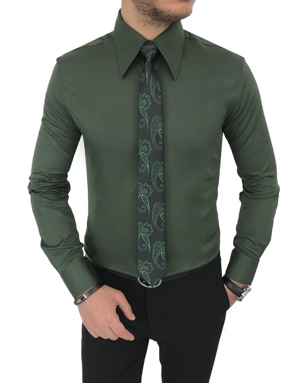 italyan stil slim fit sivri yaka saten erkek gömlek Yeşil T7209