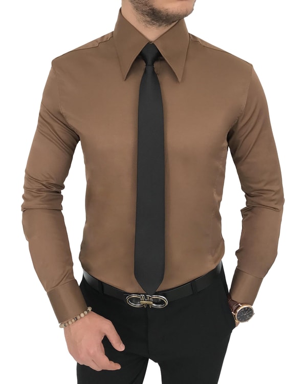 italyan stil slim fit sivri yaka saten erkek gömlek Açık Kahve T7210
