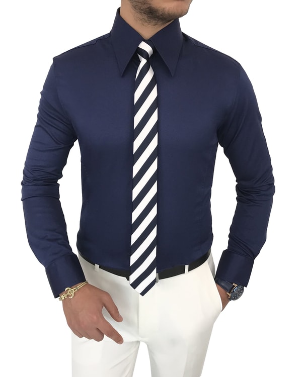 italyan stil slim fit sivri yaka saten erkek gömlek Saks T7208