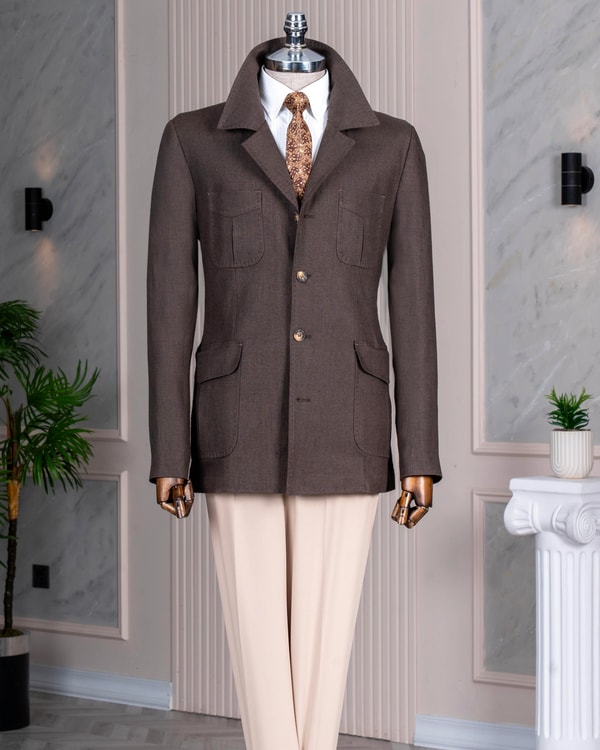 İtalyan stil slim fit spor erkek ceket kahverengii T13744