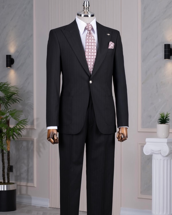 İtalyan stil slim fit torba cep ceket pantolon takım elbise siyah T14298