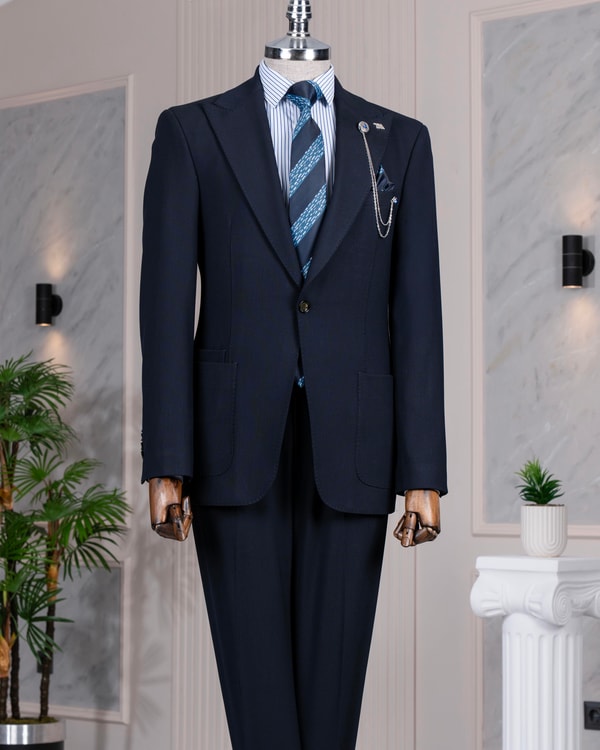 İtalyan stil slim fit torba cep ceket pantolon takım elbise lacivert T14552
