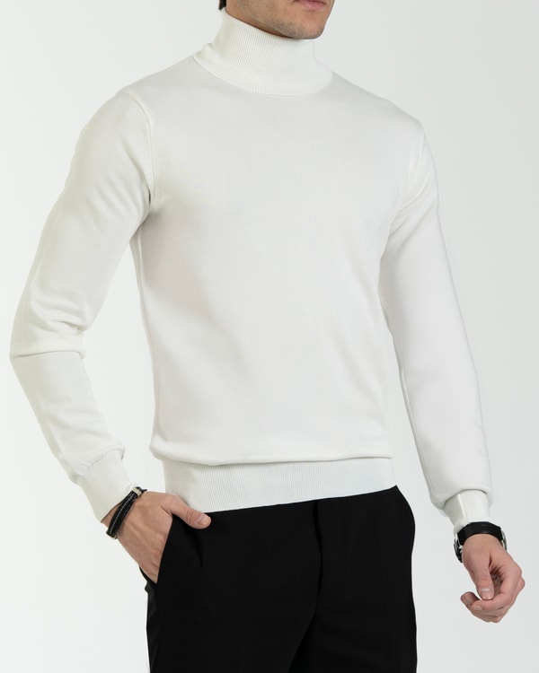 İtalyan stil slim fit triko balıkçı yaka boğazlı kazak ekru T13101