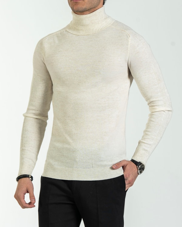 İtalyan stil slim fit triko balıkçı yaka boğazlı kazak ekru T13094